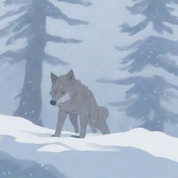 A wolf searches frantically for its pack in a snowy forest, carrying its baby in its mouth