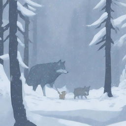 A wolf searches frantically for its pack in a snowy forest, carrying its baby in its mouth