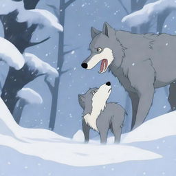 A wolf searches frantically for its pack in a snowy forest, carrying its baby in its mouth