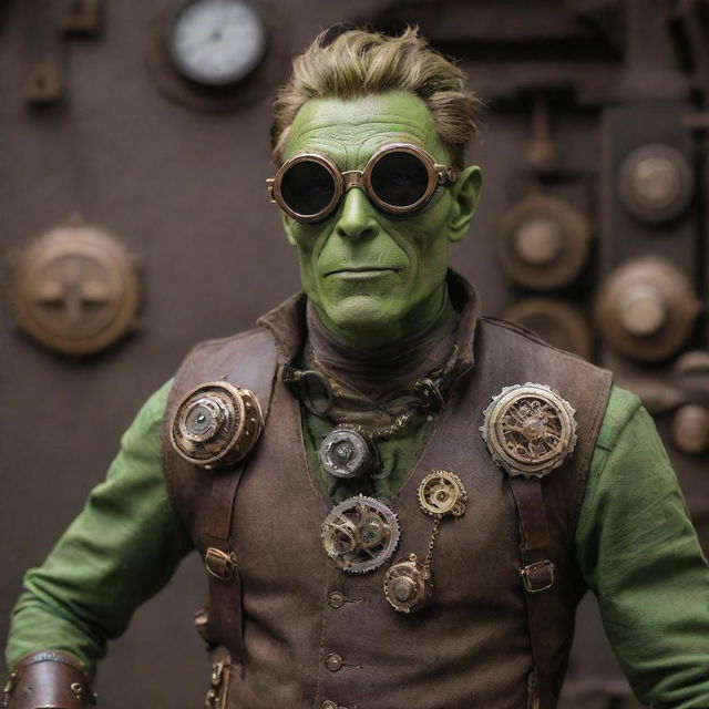 The Green Goblin adorned in steampunk attire, with intricate gears and aviator goggles, positioned in a vintage, industrial environment