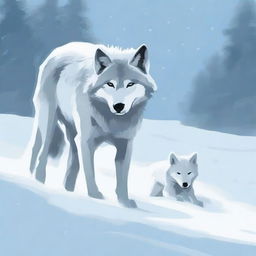 A wolf trudges through deep snow, showing signs of exhaustion, while carrying its baby in its mouth