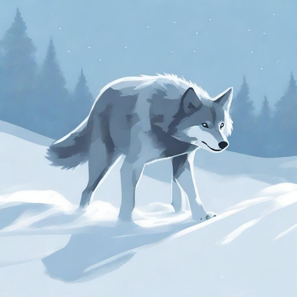 A wolf trudges through deep snow, showing signs of exhaustion, while carrying its baby in its mouth