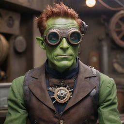 The Green Goblin adorned in steampunk attire, with intricate gears and aviator goggles, positioned in a vintage, industrial environment