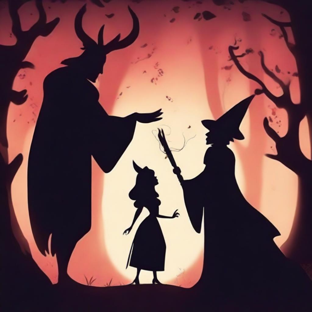 An animated scene depicting forbidden love between a male demon with small horns and a female witch