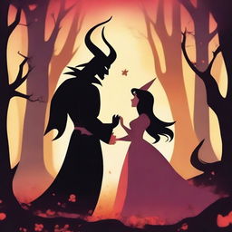 An animated scene depicting forbidden love between a male demon with small horns and a female witch