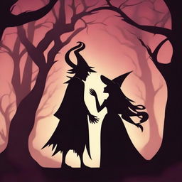 An animated scene depicting forbidden love between a male demon with small horns and a female witch