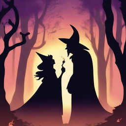 An animated scene depicting forbidden love between a male demon with small horns and a female witch