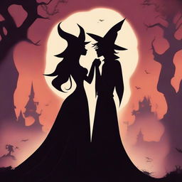 An animated scene depicting forbidden love between a male demon with small horns and a female witch