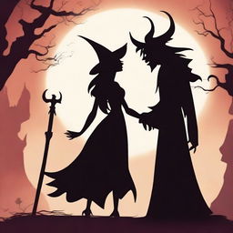 An animated scene depicting forbidden love between a male demon with small horns and a female witch