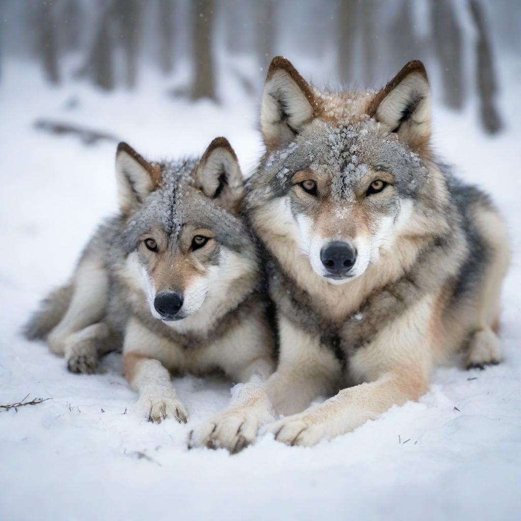 A tired and injured wolf lies in the snow with its baby in a snowy forest