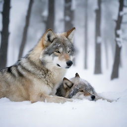 A tired and injured wolf lies in the snow with its baby in a snowy forest