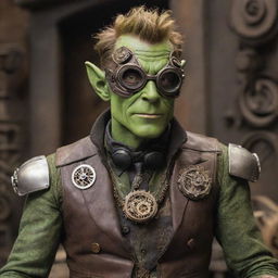 The Green Goblin adorned in steampunk attire, with intricate gears and aviator goggles, positioned in a vintage, industrial environment