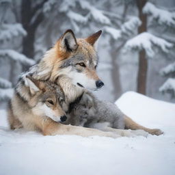 A tired and injured wolf lies in the snow with its baby in a snowy forest