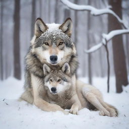 A tired and injured wolf lies in the snow with its baby in a snowy forest