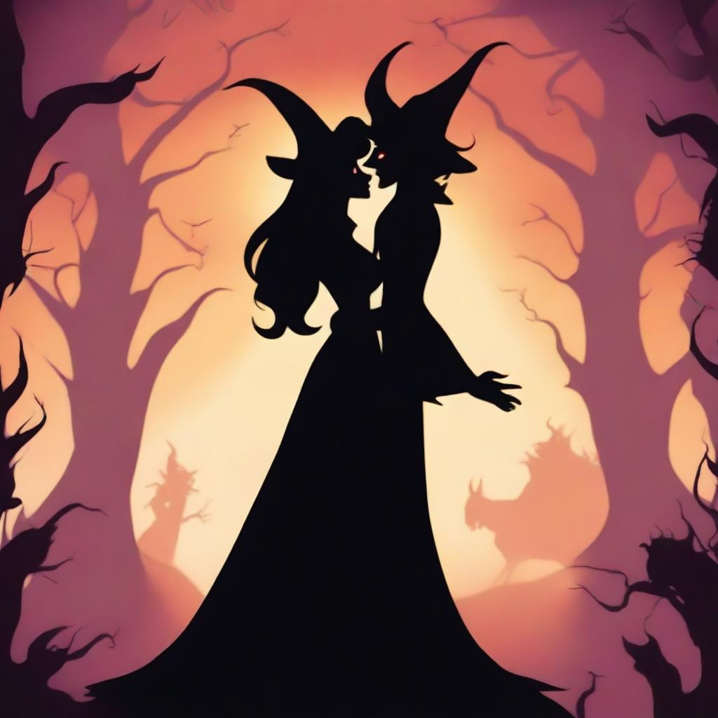 An animated scene depicting forbidden love between a male demon with small horns and an attractive female witch