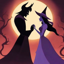 An animated scene depicting forbidden love between a male demon with small horns and an attractive female witch