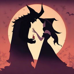 An animated scene depicting forbidden love between a male demon with small horns and an attractive female witch