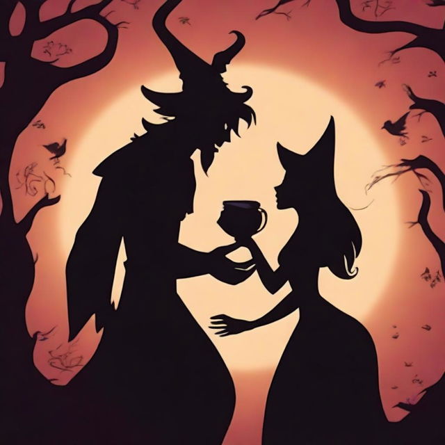 An animated scene depicting forbidden love between a male demon with small horns and an attractive female witch