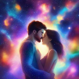 A man and a woman in love, floating in a beautiful, star-filled universe