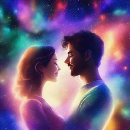 A man and a woman in love, floating in a beautiful, star-filled universe