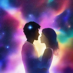 A man and a woman in love, floating in a beautiful, star-filled universe