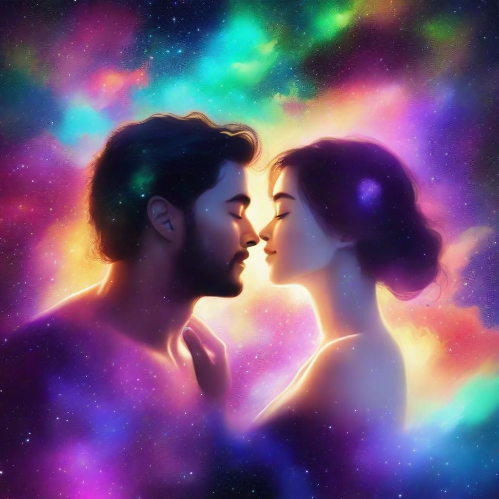 A man and a woman in love, floating in a beautiful, star-filled universe