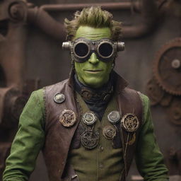 The Green Goblin adorned in steampunk attire, with intricate gears and aviator goggles, positioned in a vintage, industrial environment