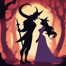 An animated scene depicting forbidden love between an attractive male demon with small horns and a female witch