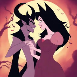 An animated scene depicting forbidden love between an attractive male demon with small horns and a female witch