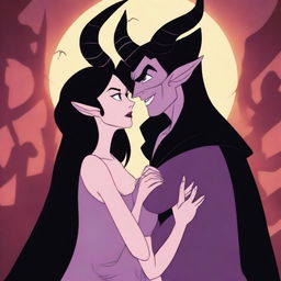 An animated scene depicting forbidden love between an attractive male demon with small horns and a female witch