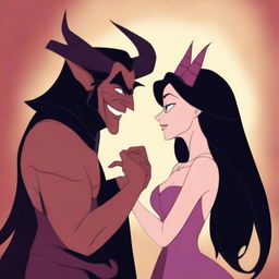 An animated scene depicting forbidden love between an attractive male demon with small horns and a female witch