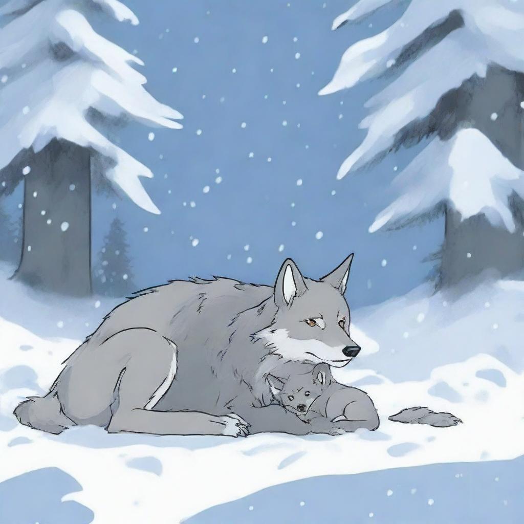 A tired and injured wolf lies in the snow with its baby in a snowy forest, depicted in Studio Ghibli style