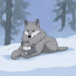 A tired and injured wolf lies in the snow with its baby in a snowy forest, depicted in Studio Ghibli style