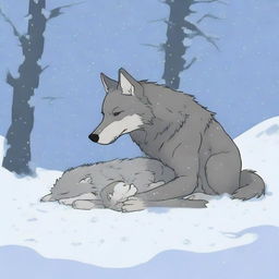 A tired and injured wolf lies in the snow with its baby in a snowy forest, depicted in Studio Ghibli style