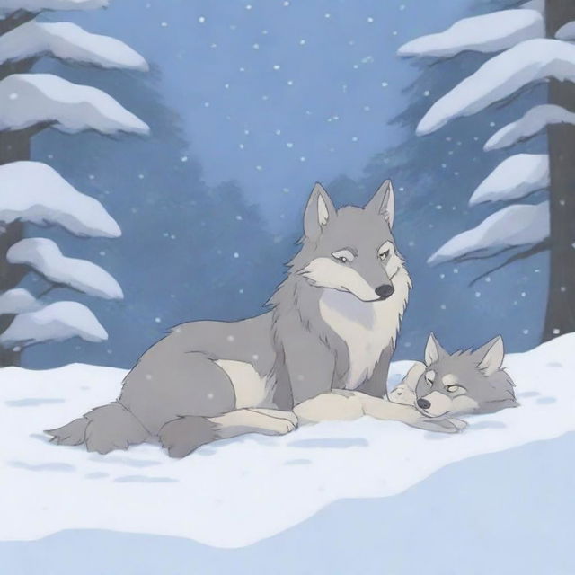 A tired and injured wolf lies in the snow with its baby in a snowy forest, depicted in Studio Ghibli style