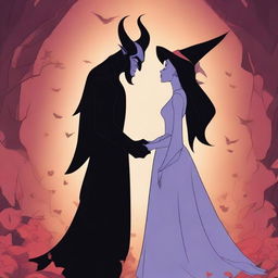 An animated scene depicting love between an attractive male demon with small horns and a female witch