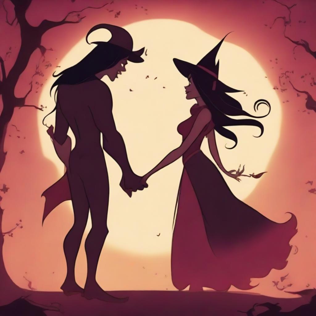 An animated scene depicting love between an attractive male demon with small horns and a female witch