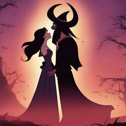 An animated scene depicting love between an attractive male demon with small horns and a female witch