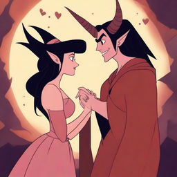 An animated scene depicting love between an attractive male demon with small horns and a female witch