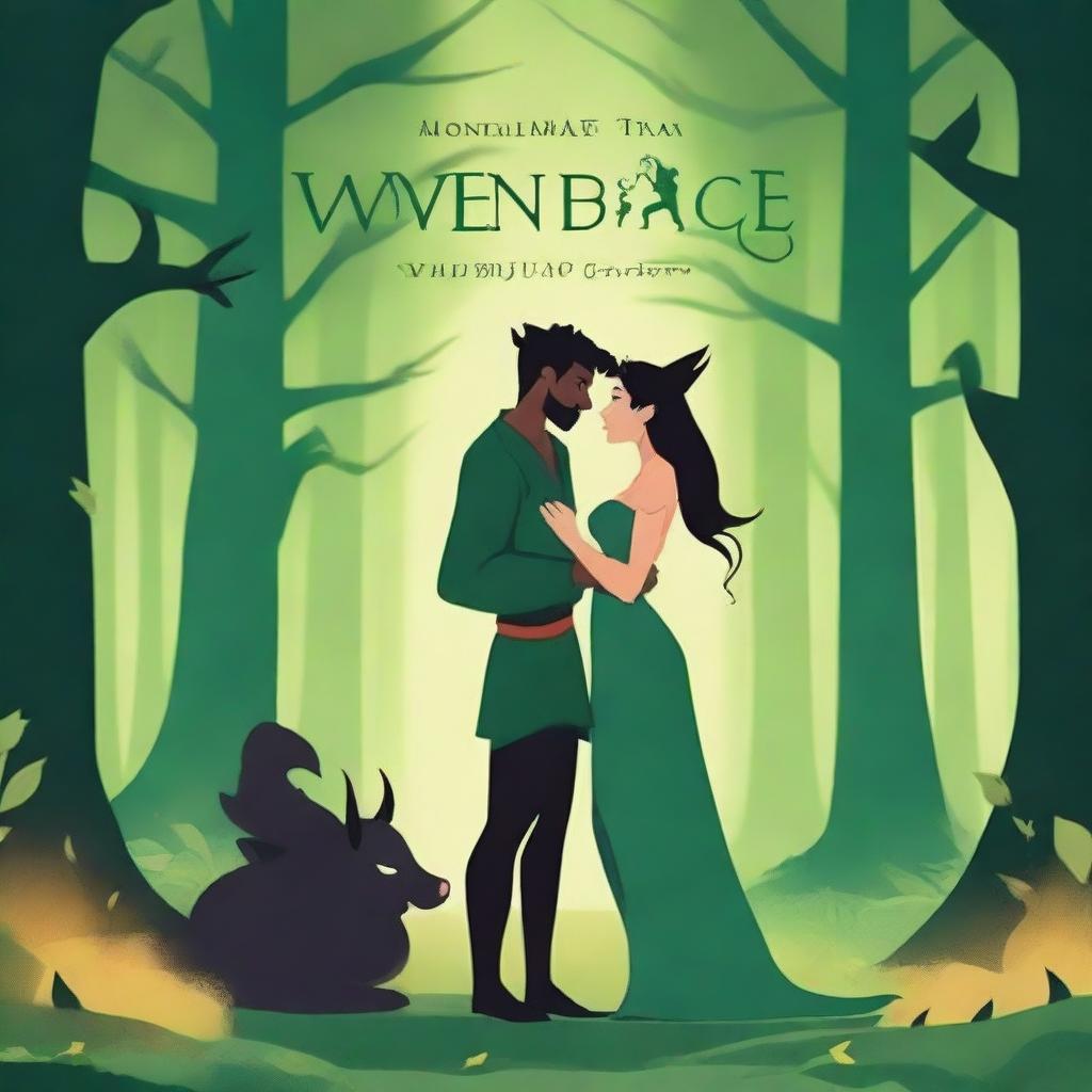 An animated book cover titled 'Woven by Fate' depicting a love story between a male demon with small horns and an attractive female witch
