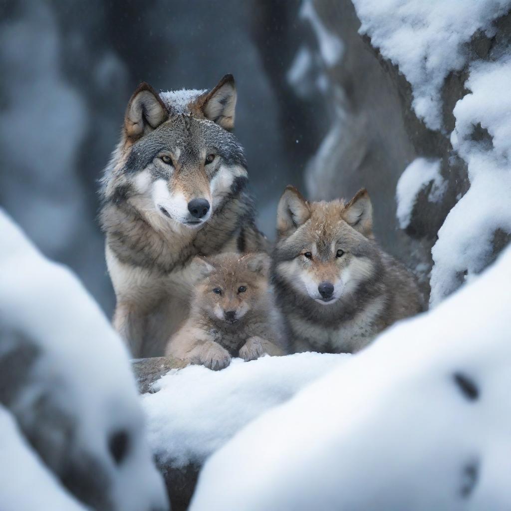 A wolf and its cub find temporary shelter under a rock in a snowy outcrop during a heavy snowstorm