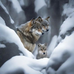 A wolf and its cub find temporary shelter under a rock in a snowy outcrop during a heavy snowstorm