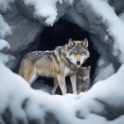 A wolf and its cub find temporary shelter under a rock in a snowy outcrop during a heavy snowstorm