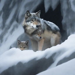 A wolf and its cub find temporary shelter under a rock in a snowy outcrop during a heavy snowstorm