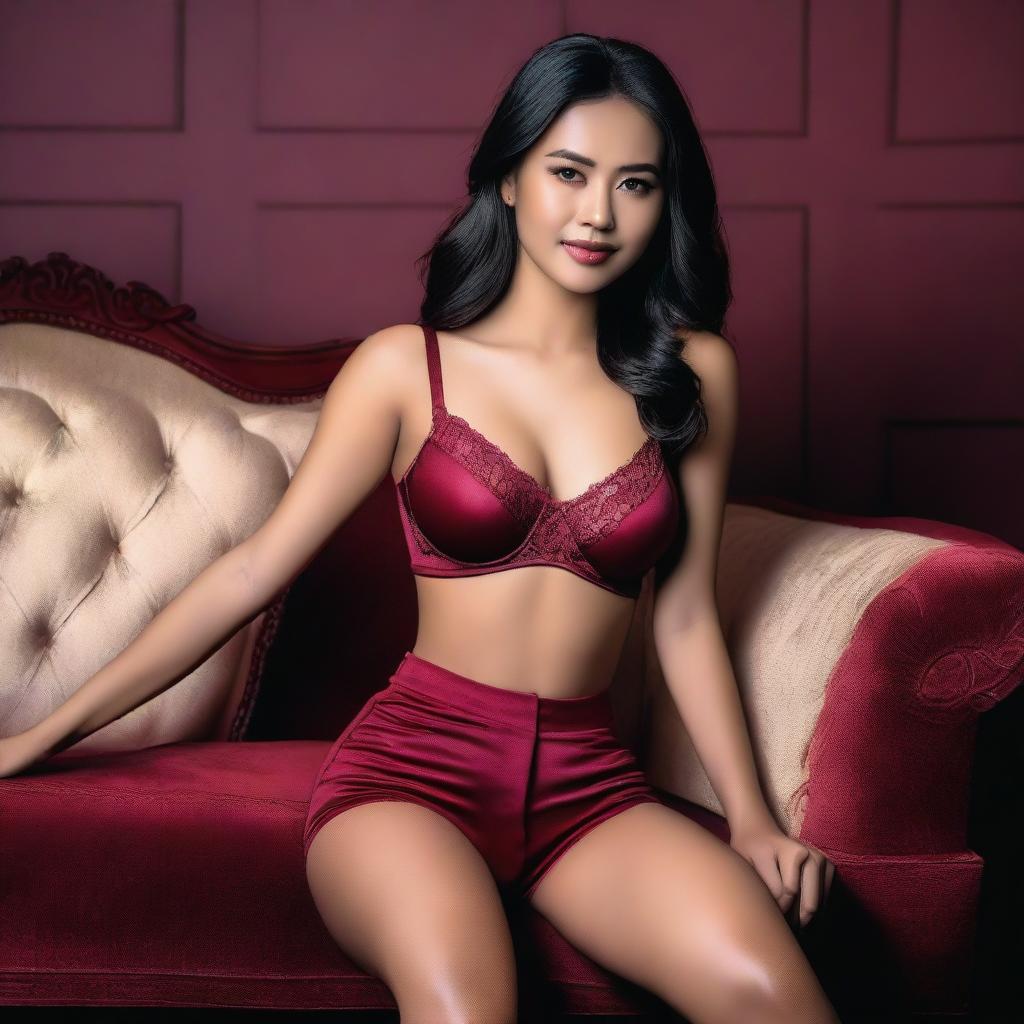 An Indonesian model wearing a sexy short miniset bra and short pants in red maroon, sitting elegantly on a vintage sofa