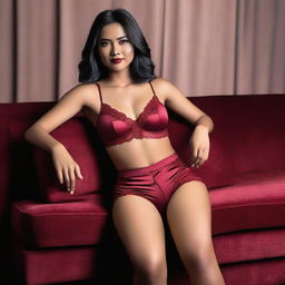 An Indonesian model wearing a sexy short miniset bra and short pants in red maroon, sitting elegantly on a vintage sofa