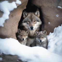 A wolf and its cub find temporary shelter under a rock in a snowy outcrop