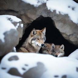 A wolf and its cub find temporary shelter under a rock in a snowy outcrop