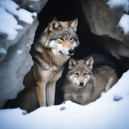 A wolf and its cub find temporary shelter under a rock in a snowy outcrop