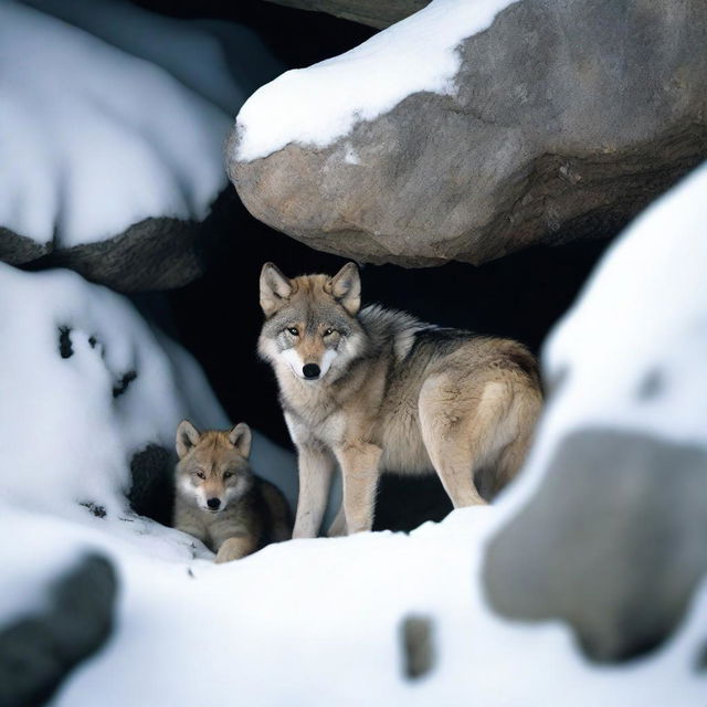 A wolf and its cub find temporary shelter under a rock in a snowy outcrop